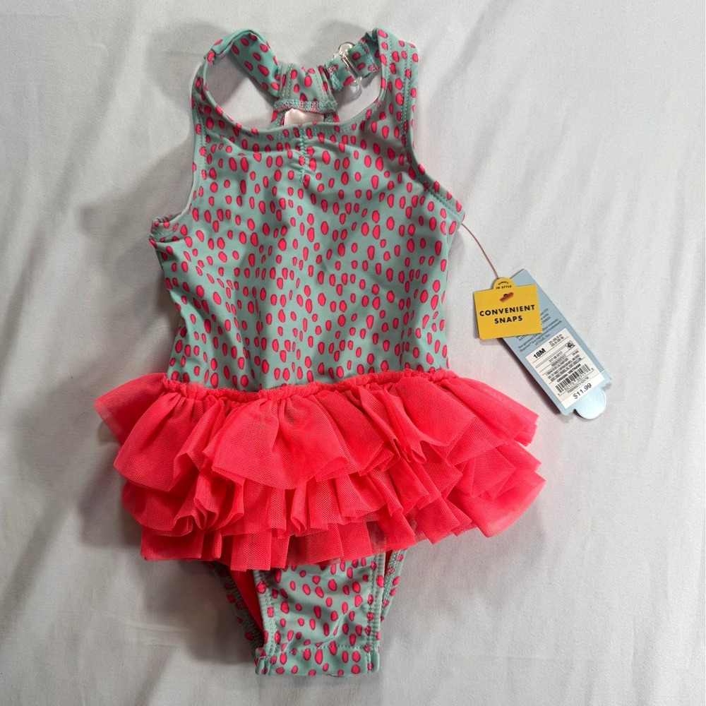 Cat & Jack Girls 18-24M One-Piece Tank Swimsuit Mint Green/Pink Polka Dot Ruffle